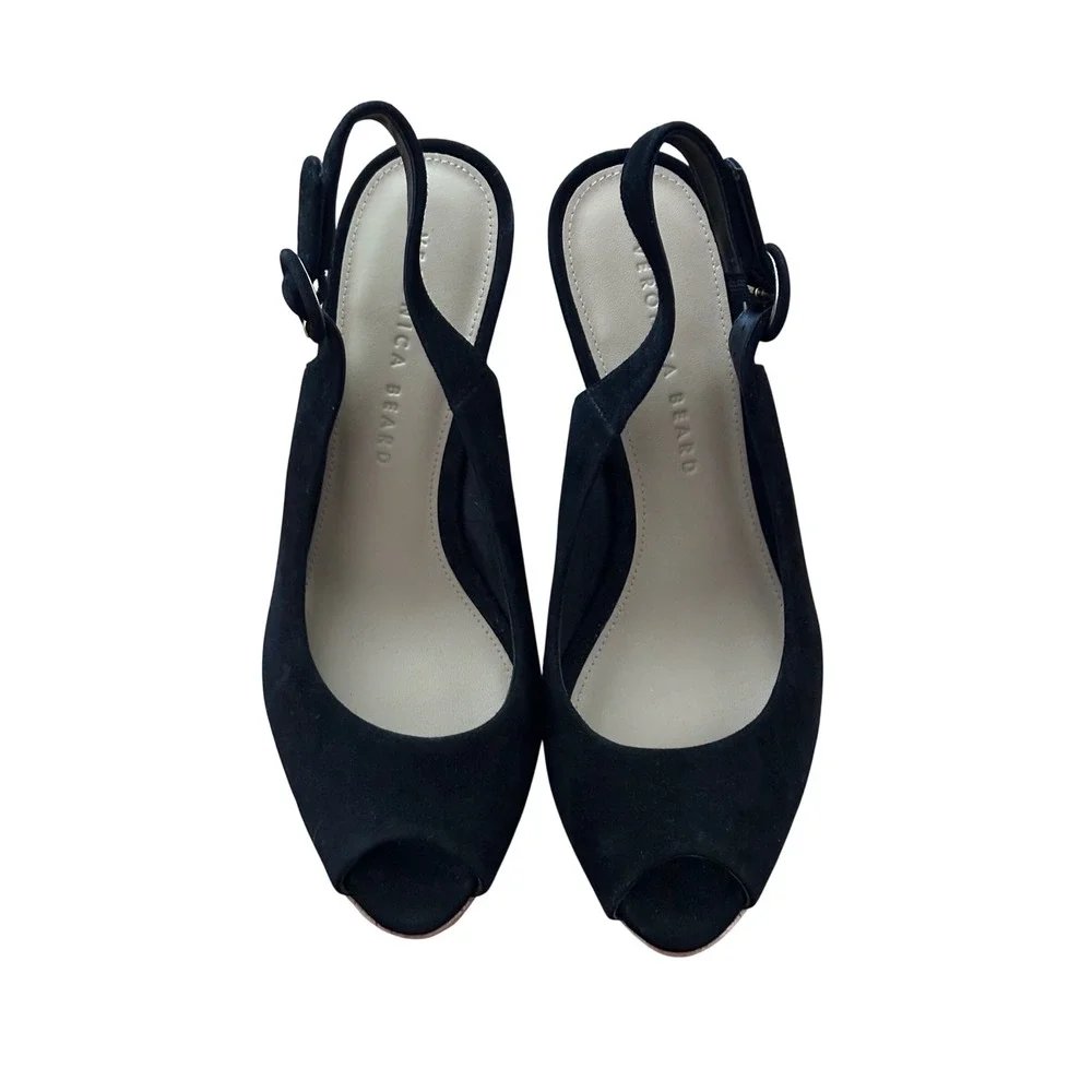 Veronica Beard Black Suede Cork Platform Slingback Peep Toe Wedge Sandals 7MNWOT